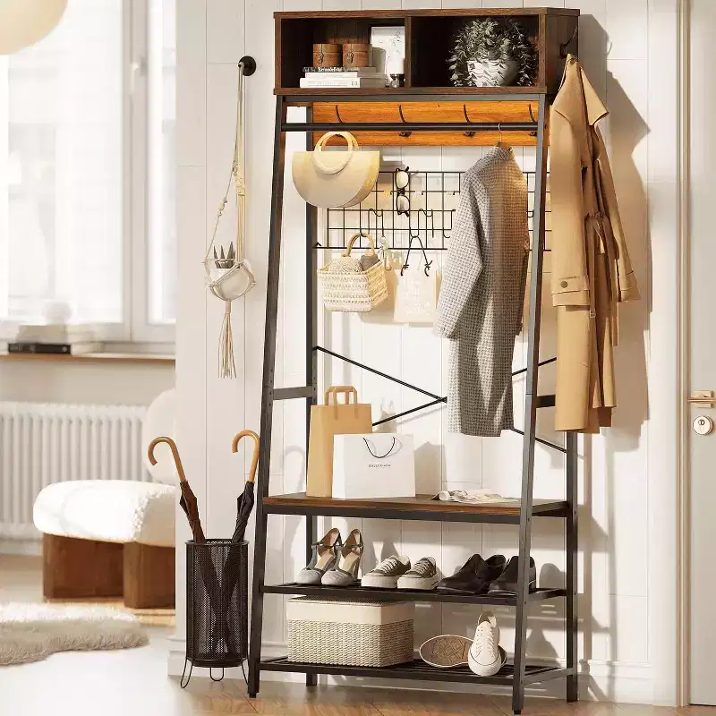 Bestier Coat Rack with Shoe Storage Bench, 70 Hall Tree with Shelves, Clothes Hanger Stand for Jackets & Cats, 5-in-1 Entryway Organizer with Hooks