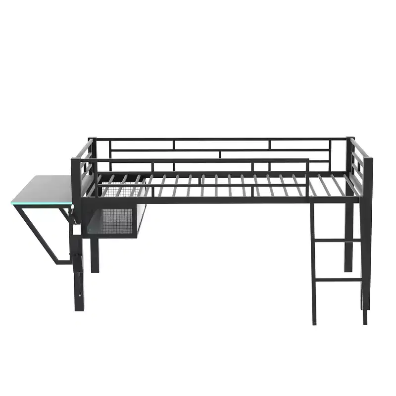 Twin Gaming Loft Bed with Desk & LED Lights, Black Metal Mid Loft Bed with Storage for Kids Teens, eSports-Inspired Design