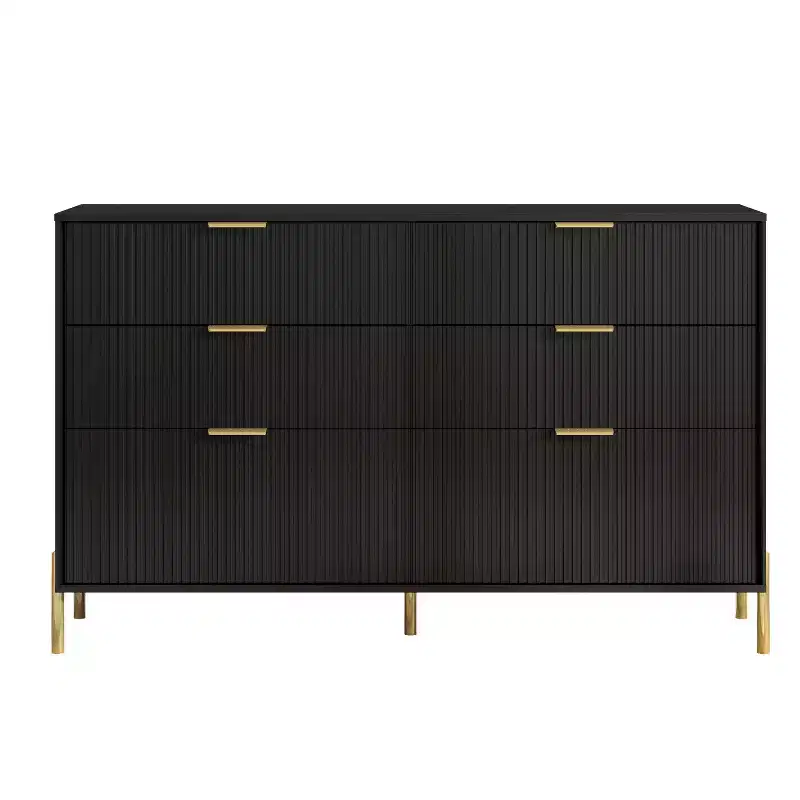 6 Drawer Dresser with Gold Legs Modern Ribbed Design for Bedroom