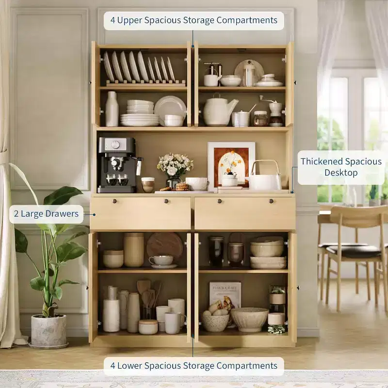 71 Tall Kitchen Pantry Storage Cabinet, Kitchen Hutch with Microwave Stand & Countertop, Large Food Pantry Cabinet with 2 Drawers and 8 Doors