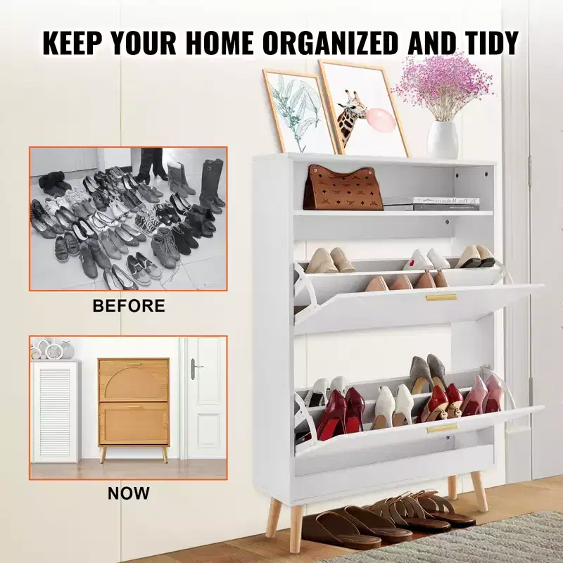Shoe Cabinet with 2 Flip Drawers, Free Standing Shoe Storage Organizer for Entryway with Top Storage Cubby, White