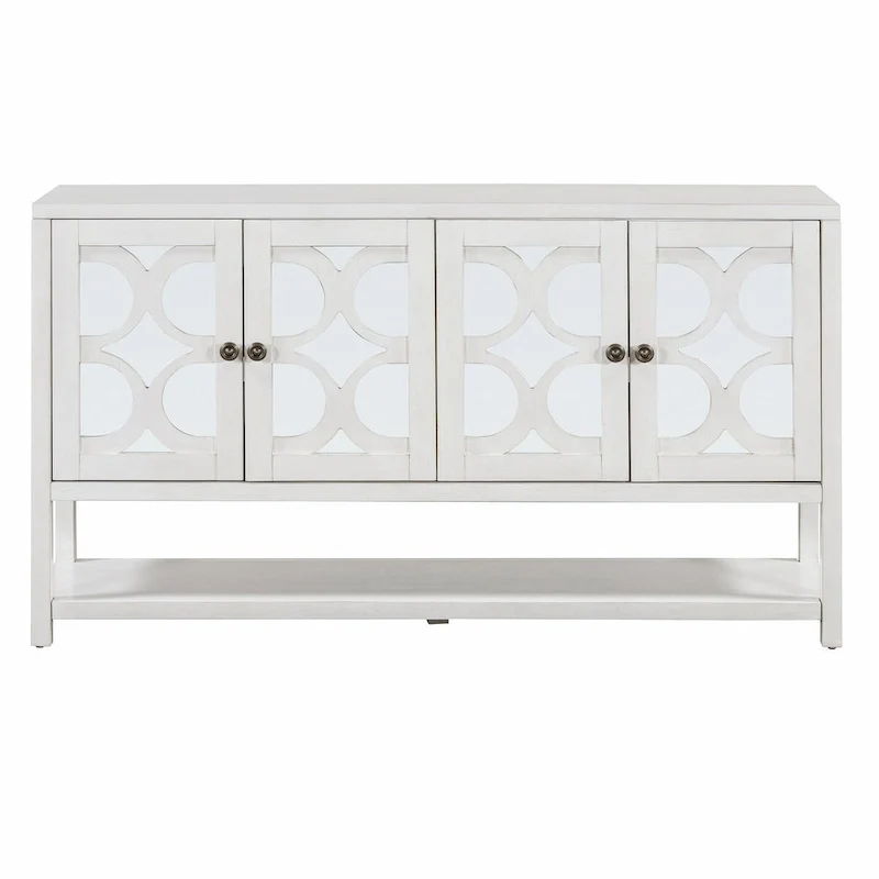 Elegant Retro Console Table with Mirrored Doors, Spacious Shelves and Durable Acacia Wood Legs
