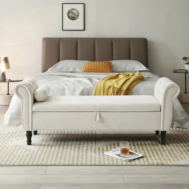 Upholstered Storage Ottoman Bench – Brown / Beige / Blue / Black / Grey / Pink, Velvet, Rolled Arms, Seats 2