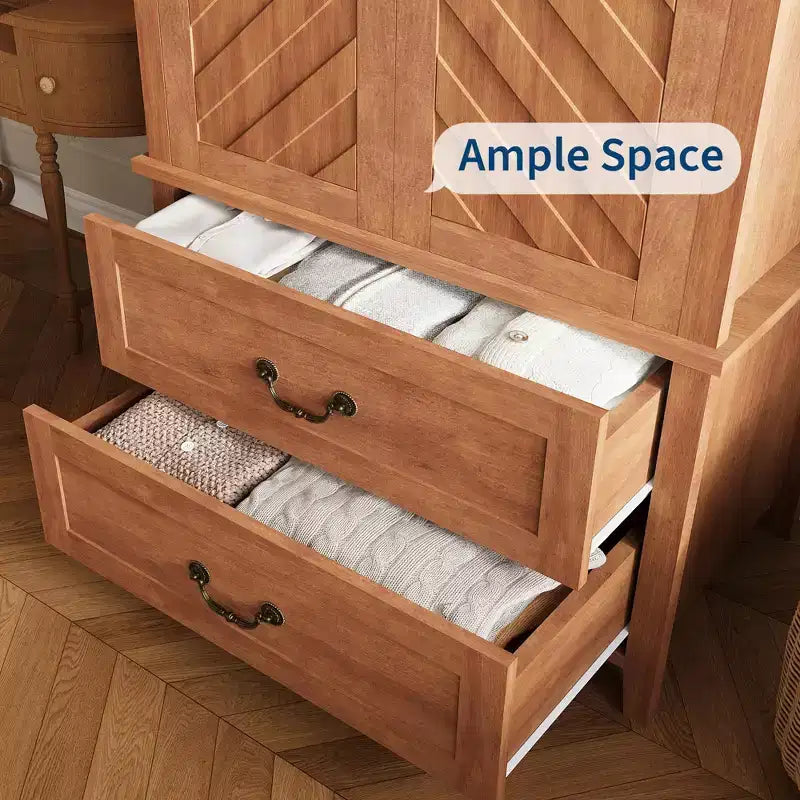 Wood Armoire Wardrobe Closet with 2 Drawers, 71''H Clothing Storage Cabinet with Metal Handing Rod, Armoire Clothes Organizer for Bedroom, Cloak Room