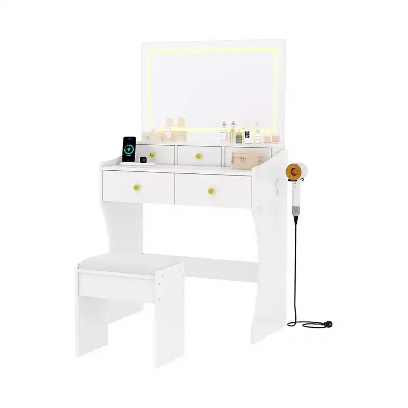 GustoWave Makeup Vanity Desk with Mirror & Chair, 5 Drawers, Hair Dryer Holder, Cushioned Stool for Bedroom