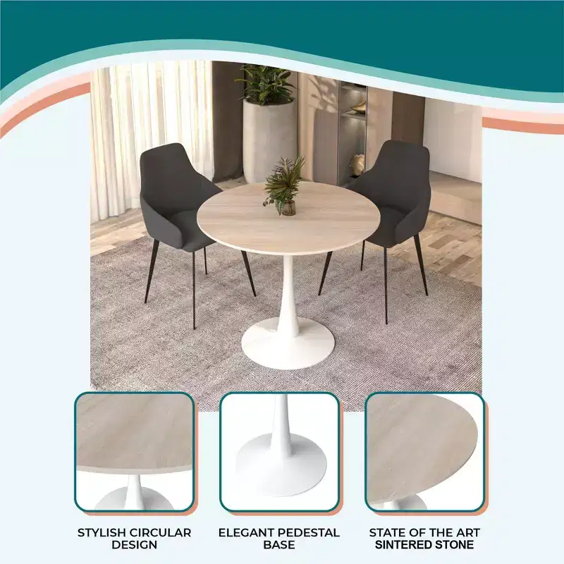 LeisureMod Bristol 31 Round Dining Table  Sintered Stone Top Accent Caf Table & Sturdy Steel White Pedestal Base for Kitchen and Small Spaces