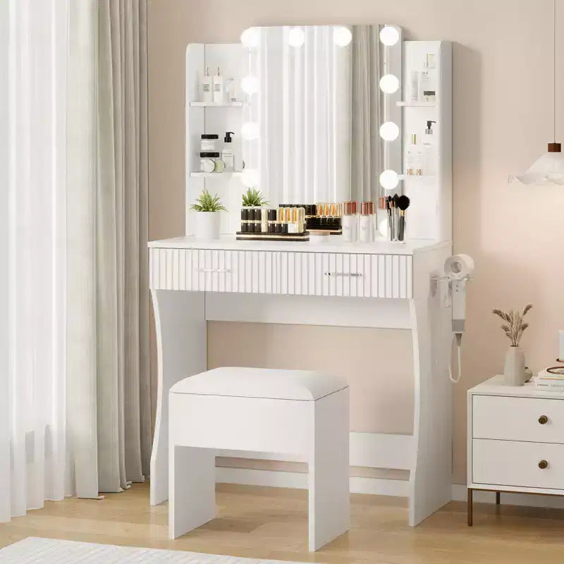 Garvee Makeup Vanity Desk with Mirror and 12 LED Lights, Modern Dressing Table Furniture with Hair Dryer Holder Stool for Bedroom