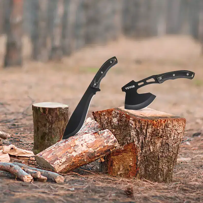 VEVOR Hunting Knife and Hatchet Axe Combo Set with Sheath, Fixed Blade Tactical Knife and Camping Axe, Stainless Steel Knife and Camping Hatchet,Black