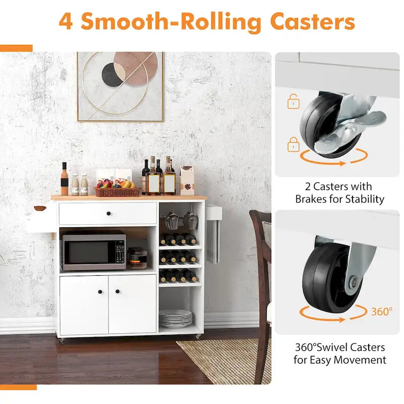 Kitchen Island Cart – White / Brown / Black, Drop-Leaf, Power Outlet, Wine Rack, Microwave Shelf, Casters