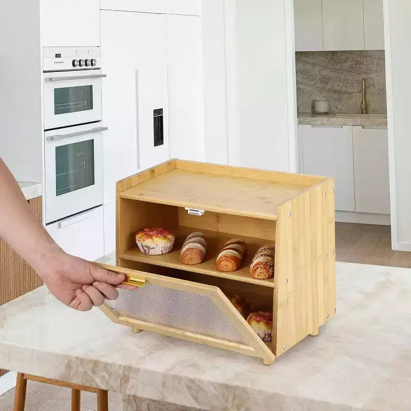 2-Layer Bamboo Bread Box with Acrylic Door, Bread Storage Container for Kitchen Countertop, Organizing Baguettes, Pastries & Baked Goods