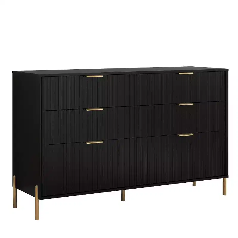 6 Drawer Dresser with Gold Legs Modern Ribbed Design for Bedroom