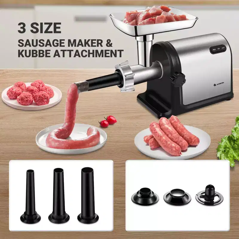 3000W Electric Meat Mincer, Grind 2 lbs/min, Heavy-Duty Multipurpose Stainless Steel Meat Grinder with 3 Grinding Plates, 3 Sausage Tubes & Kubbe Kit