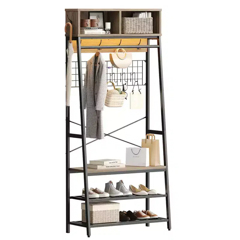 Bestier Coat Rack with Shoe Storage Bench, 70 Hall Tree with Shelves, Clothes Hanger Stand for Jackets & Cats, 5-in-1 Entryway Organizer with Hooks