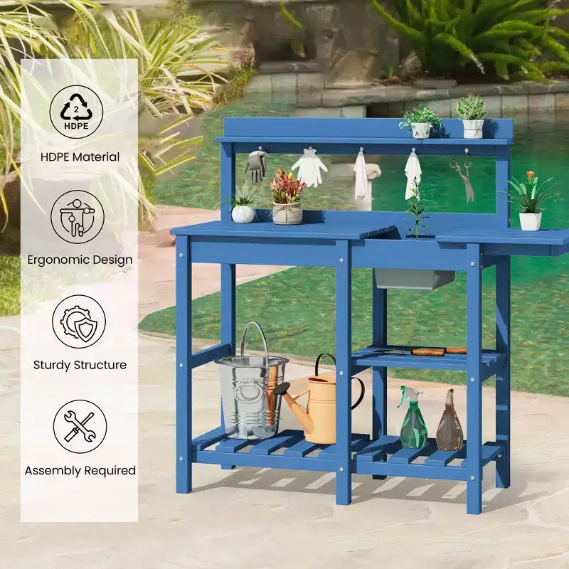 Hyleory HDPE Weather-Resistant Potting Bench Table with Storage Shelf