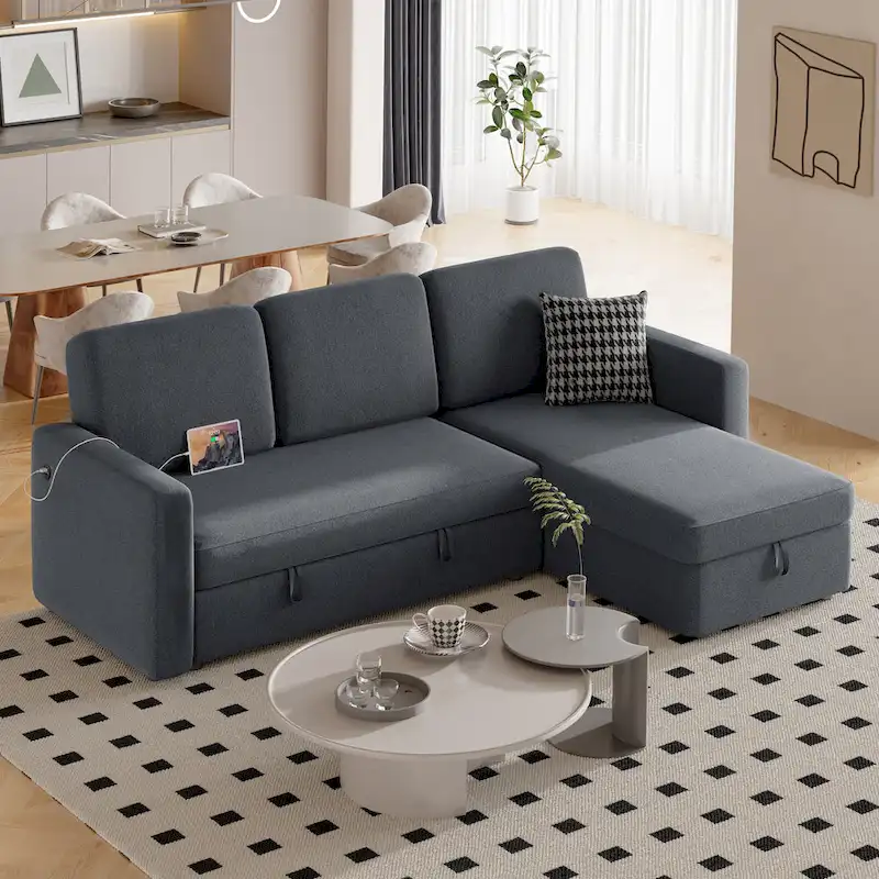 L-Shaped Reversible Sectional Sofa with Pull Out Bed & Storage - 83x 57.5x33