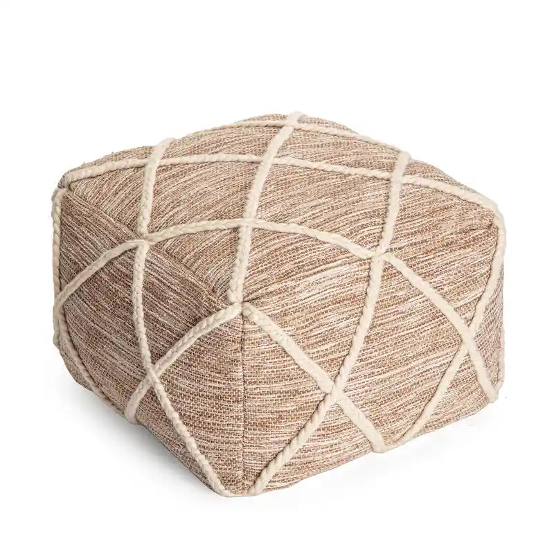 22-Inch Round Pouf Ottoman – Blue & Ivory / Tan & Ivory / Gray & Ivory, 1-Person Footrest & Extra Seat