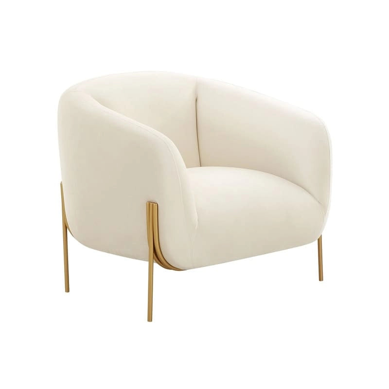 Velvet Accent Chair – Cream / Grey, Matte Gold Legs, Handmade, Seats 1