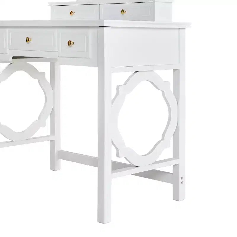 Makeup Vanity Table with Reversible Mirror, Elegant Chic Vanity Desk with 5 Drawers & Upholstered Stool, Space-Saving Beauty Station