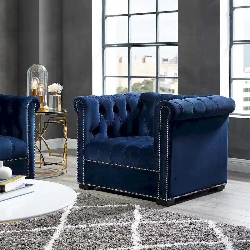 Chesterfield Armchair – Midnight Blue / Aqua / Grey / Ivory, Performance Velvet, Button Tufted, Seats 1