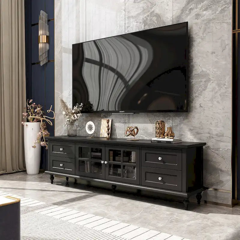 70.9-Inch TV Stand – White, Modern Style, Tempered Glass Doors & 4 Drawers