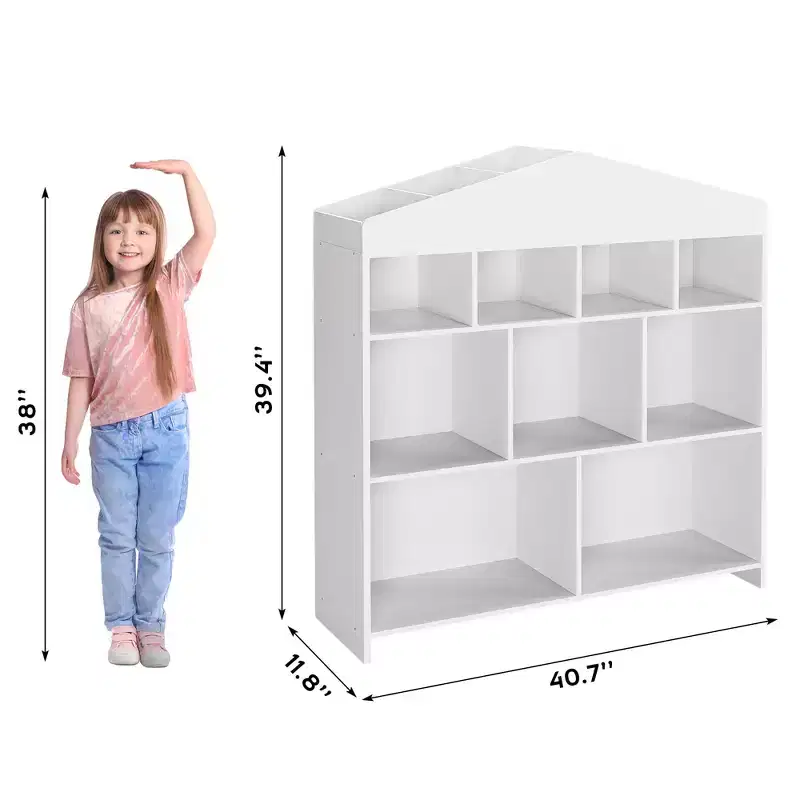 Kids Storage Organizer Bookshelf, 9-Cubby Kids Bookshelf, White Children's Shelf, House Shape Storage Cabinet for Playroom, Kids Room, School