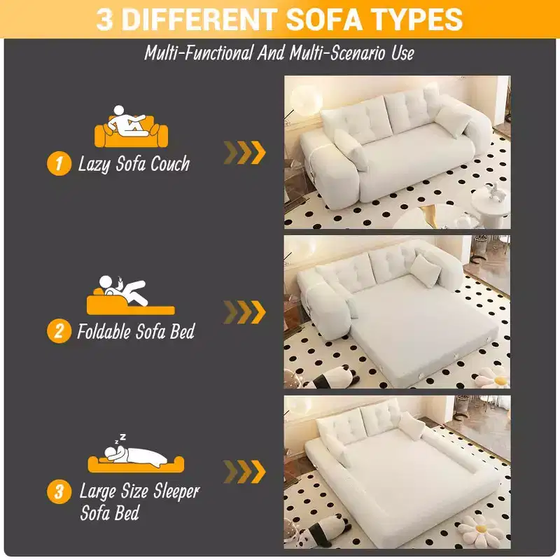 78.7 Inch Multifunctional Foldable Sofa Bed, 3-in-1 Teddy Fabric Foam Filled, Beige