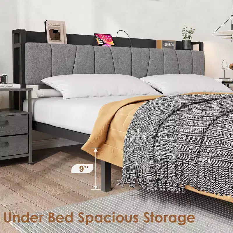 Whizmax Full Size Bed Frame with Upholstered Headboard, Industrial Full Platform Bed with 2 Storage Drawers and Charging Station, No Box Spring Needed