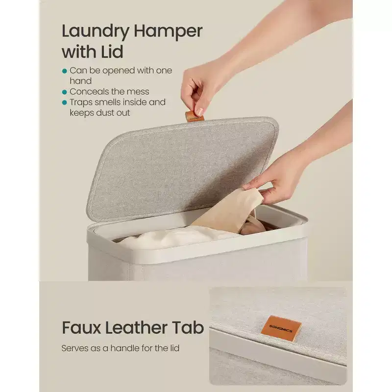 17.2 Gal. Laundry Basket, Easy Assembly, with Lid and Handles, Removable Liner, 15.4 x 8.7 x 29.5 Inches, Cappuccino Beige
