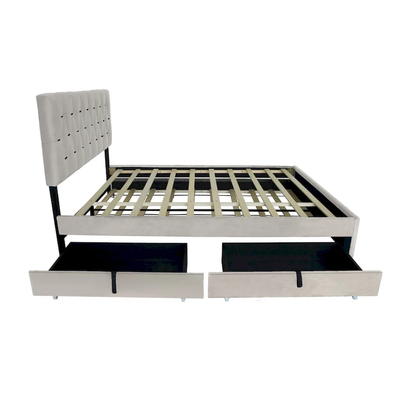 Queen Size Platform Bed with Gold Tufted Headboard, Trundle & Storage (600lb Capacity)