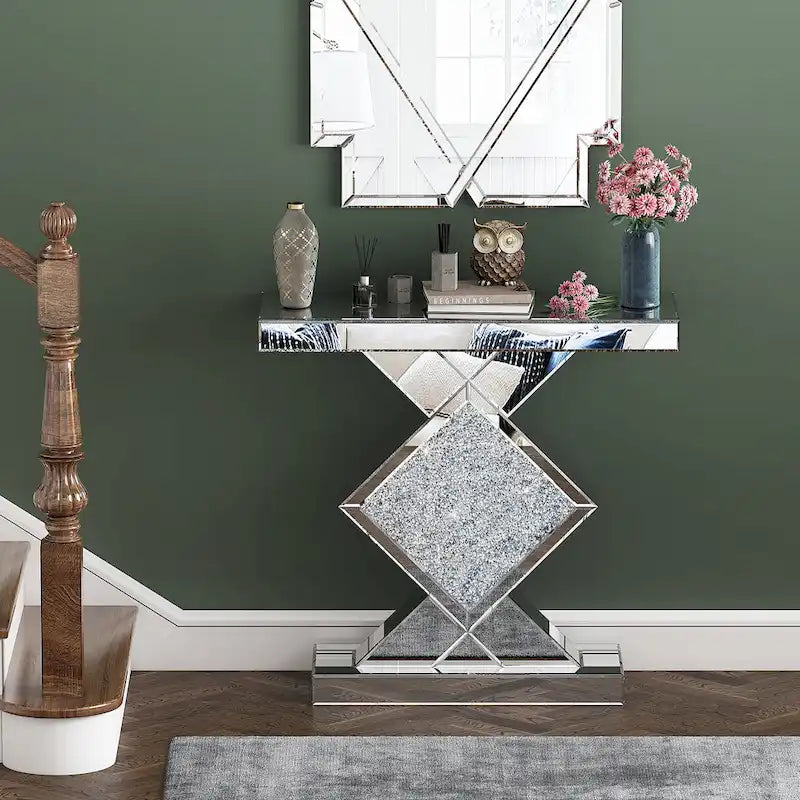 Geometric Mirrored Console Table – Silver, Glam Style, Diamond Lattice Base