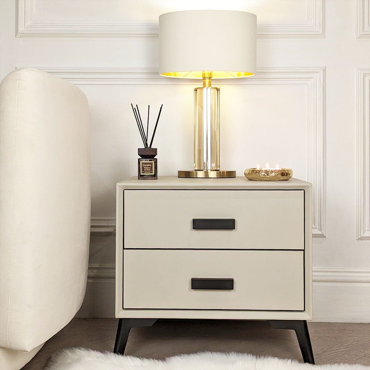Stone & Black 2 Drawer Bedside Table