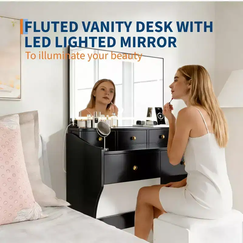 GustoWave Makeup Vanity Desk with Mirror & Chair, 5 Drawers, Hair Dryer Holder, Cushioned Stool for Bedroom