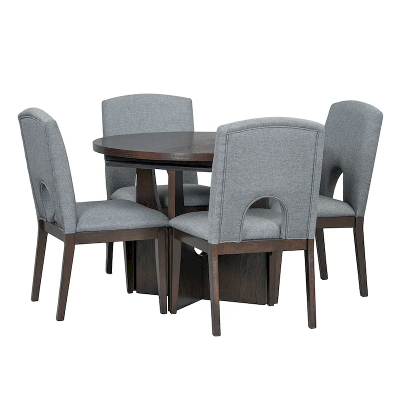 Modern Style Extendable Round Dining Table with Removable Leaf and Upholstered Dining Chairs