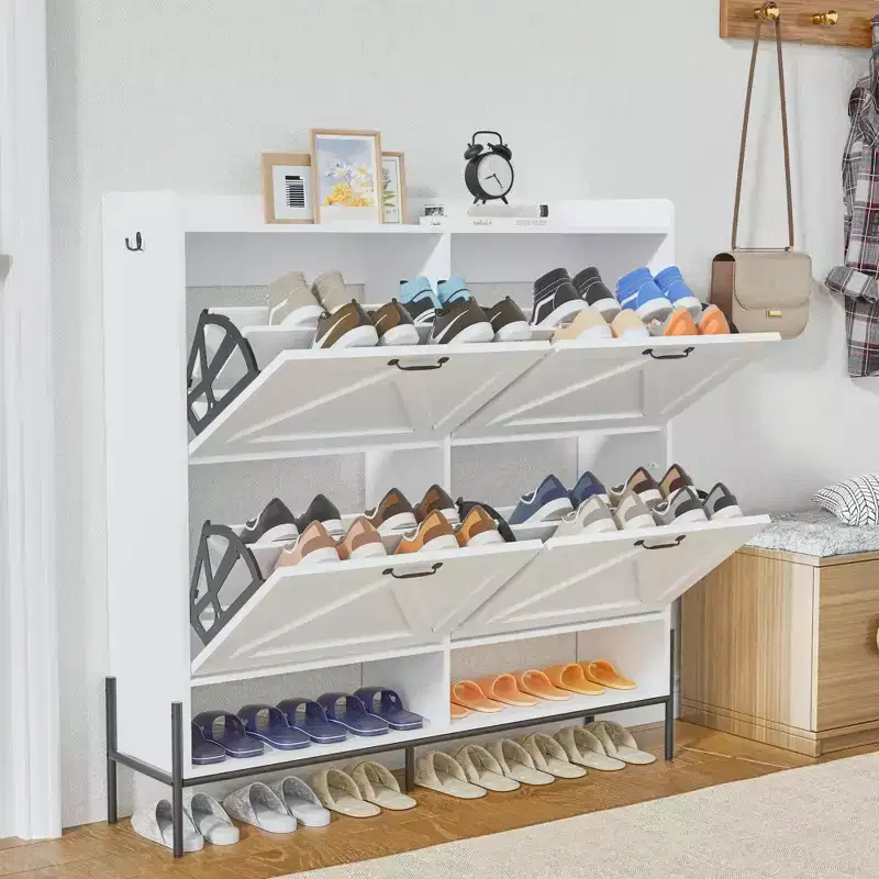 Shoe Cabinet with 4 Flip-Up Drawers Hidden Shoe Storage Cabinet with Open Storage for Entryway Hallway Bedroom Shoe Organizer Cabinet