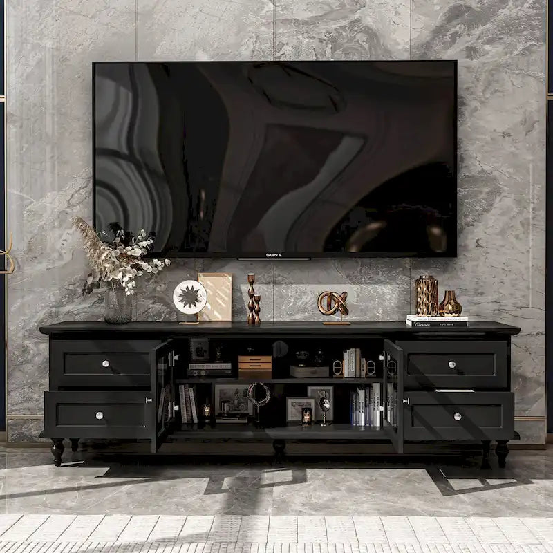 70.9-Inch TV Stand – White, Modern Style, Tempered Glass Doors & 4 Drawers