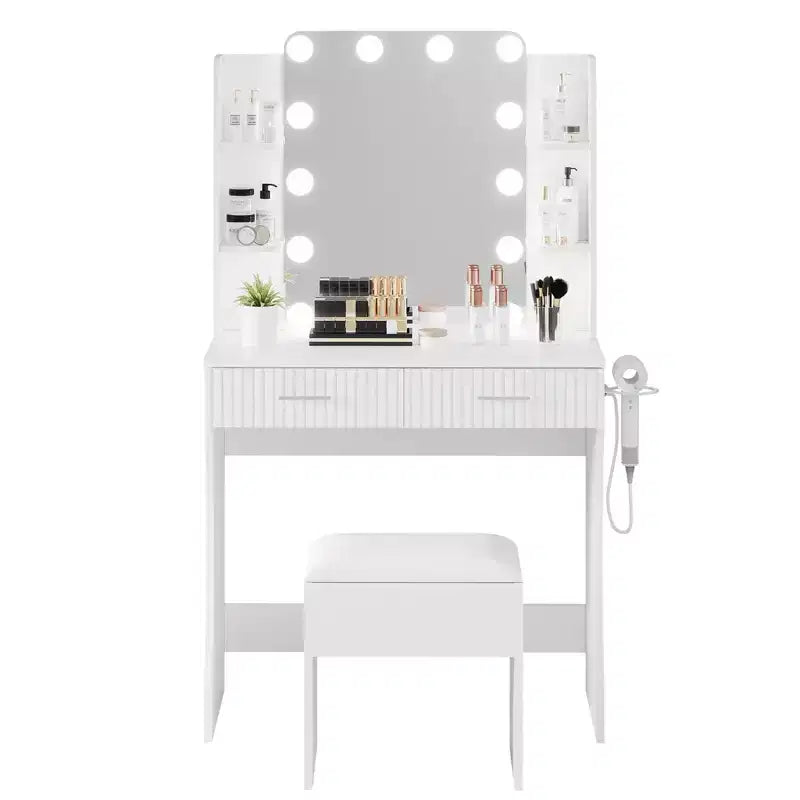 Makeup Vanity Desk with Mirror and Lights, Vanity Table with 2 Drawers, 6 Shelves, Hair Dryer Holder & Stool,Dressing Table Furniture for Bedroom