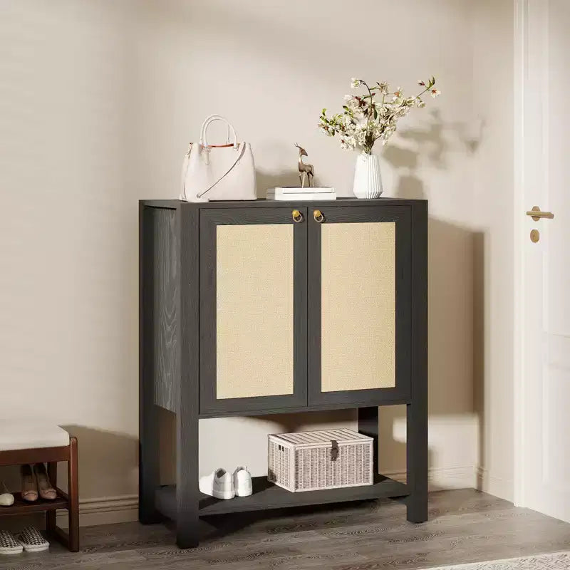 5-Tier Rattan Shoe Cabinet with Adjustable Shelves & Doors, Slim Entryway Organizer