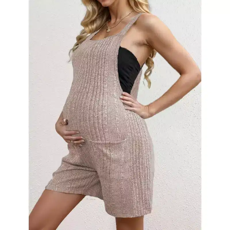 Coolmee Women's Maternity Overalls Shorts Ribbed Knit Solid Pregnancy Casual Sleeveless Jumpsuits Romper for Pregnancy with Pockets L Khaki