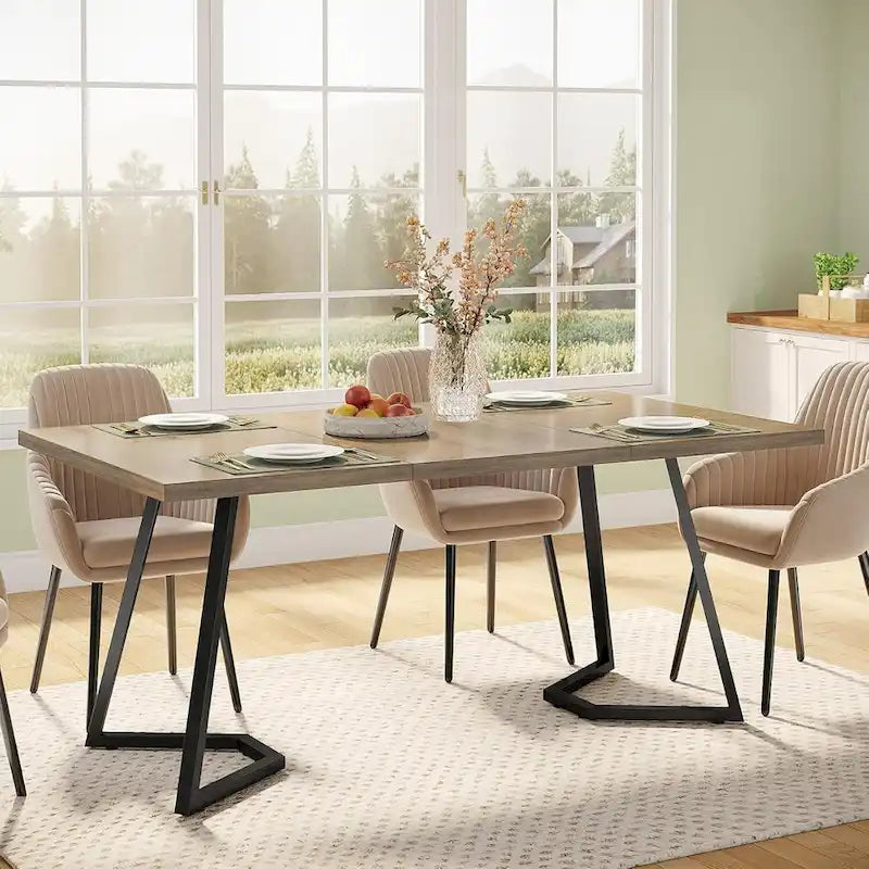 Natural Wood Tone Rectangle Dining Table with Metal Frame for 2–4 Person, 55