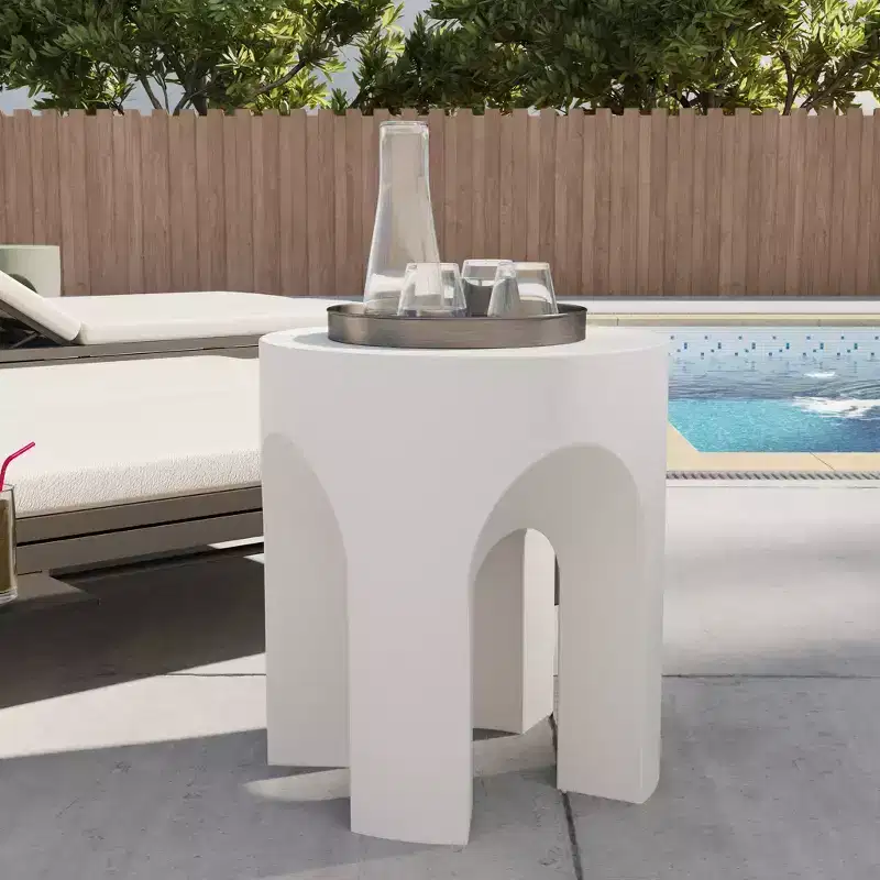 LeisureMod Crus 18 Sculptural Fiberstone End Table - Round Vaulted Base Side Table