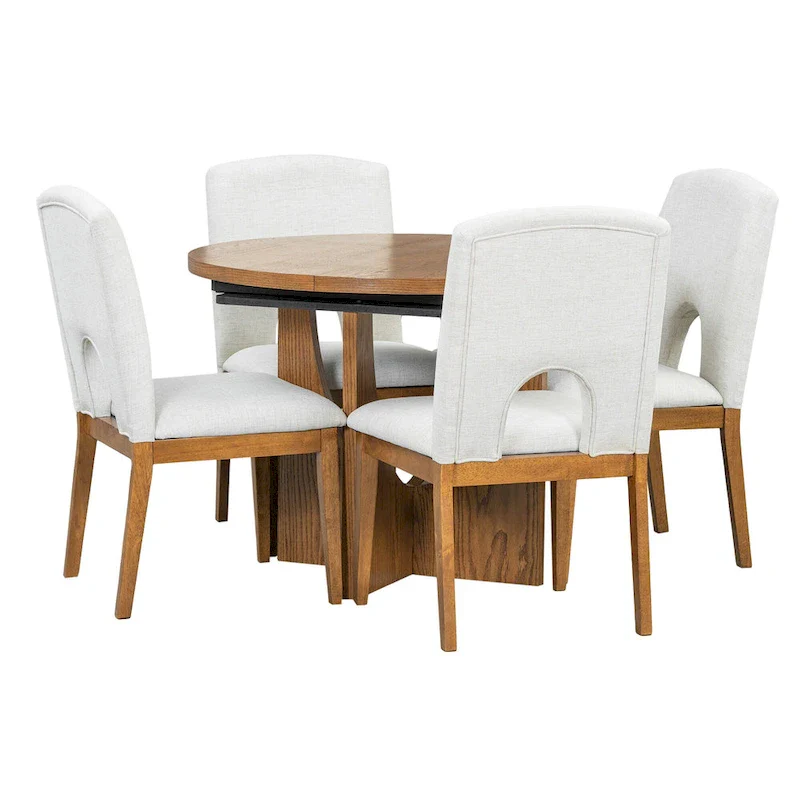 Modern Style Extendable Round Dining Table with Removable Leaf and Upholstered Dining Chairs