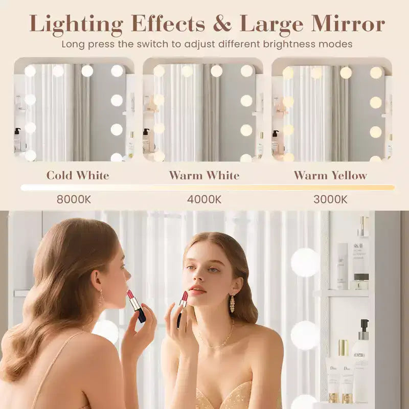 Garvee Makeup Vanity Desk with Mirror and 12 LED Lights, Modern Dressing Table Furniture with Hair Dryer Holder Stool for Bedroom