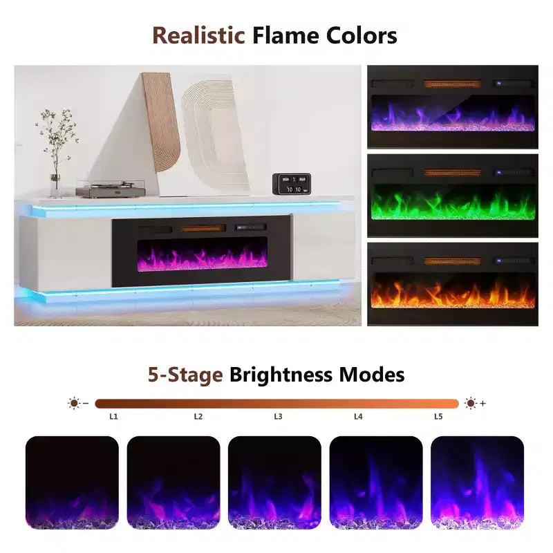 Skyzoo Electric Fireplace TV Stand for TVs up to 80 with LED Lights & 4 AC Power Outlets, TV console for Living Room