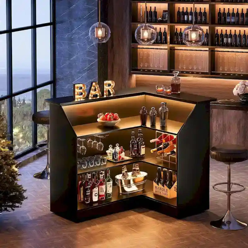 L-Shaped Bar Cabinet with Stemware Racks for Home Pub