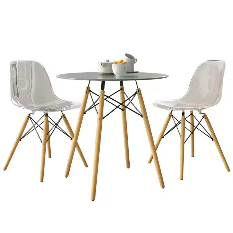 LeisureMod Dover 3-Piece Dining Set  31 Round Clear Glass Bistro Table with 2 Acrylic Chairs with Wooden Dowel Legs, Modern Kitchen, Dining Room