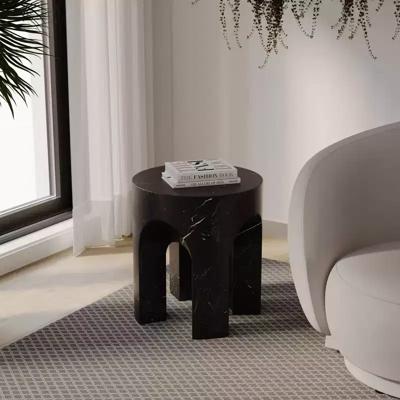 LeisureMod Crus 18 Sculptural Fiberstone End Table - Round Vaulted Base Side Table