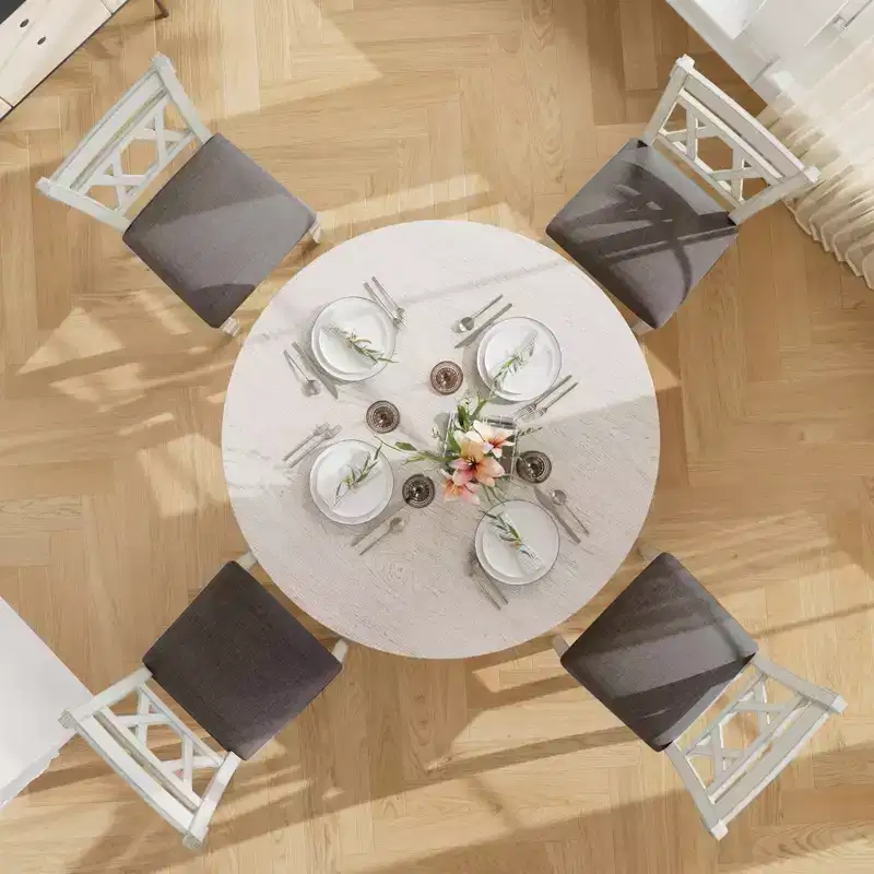 VECELO Rustic Dining Table Set, Rubber Wood Round Table and Upholstered Dining Chairs for Kitchen, Gray
