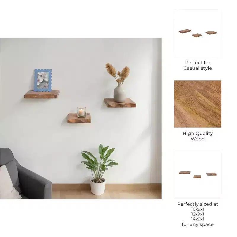 Floating Wall Shelves - Solid Mango Wood Rustic Wall Mounted Storage Shelves for Home & Office Decor - Casual Style Display for Bedroom, Living Room