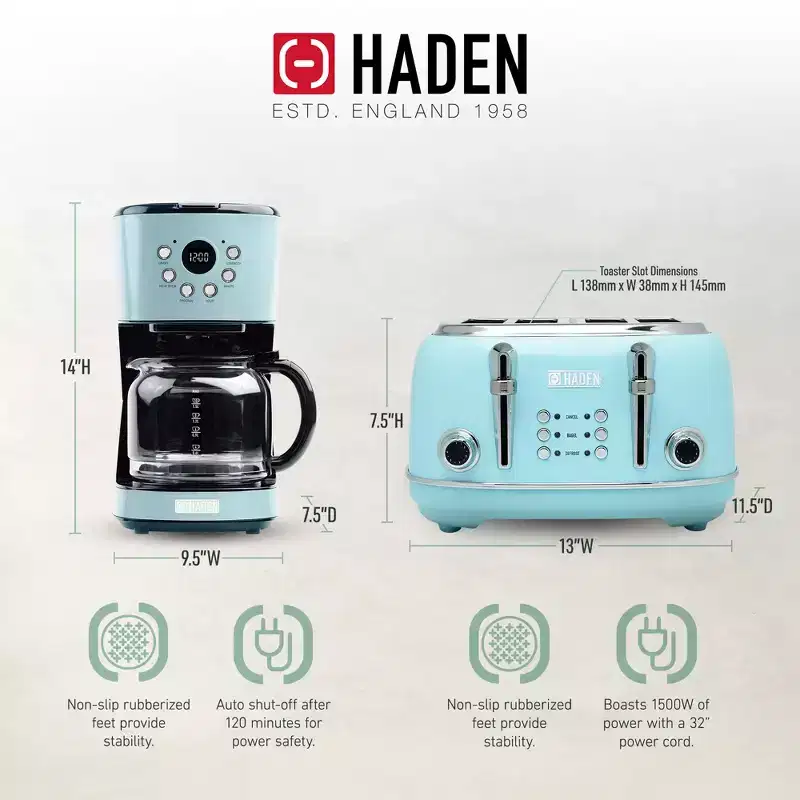 Haden 12 Cup Programmable Drip Coffee Maker Coffee Machine Bundled with Heritage 4 Slice Wide Slot Stainless Steel Toaster, Turquoise & Chrome