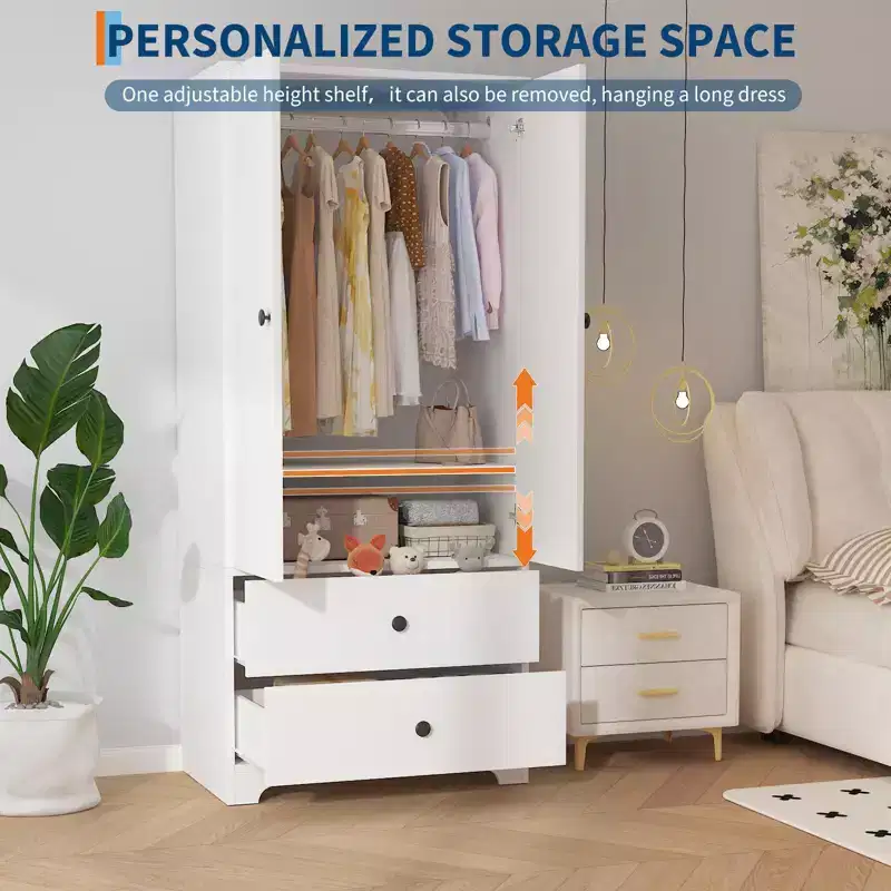 2-Door Wardrobe Storage Cabinet, Flat Panel MDF Sideboard Buffet Cabinet for Bedroom, Dining Room and Home